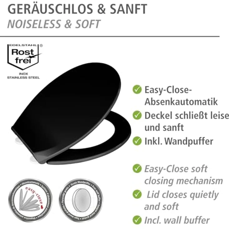 Wenko WC-Sitz Kos Easy Close, Thermoplast, schwarz, mit 1-Knopf Fix-Clip und Absenkautomatik – Bild 2