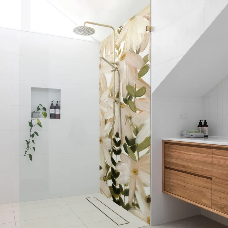 Apalis Home Duschrückwand Blumen selbstklebend, 0.61 mm Wandpaneel wasserfest, Design weiss, fugenlos, Premium matt, 80x190 cm