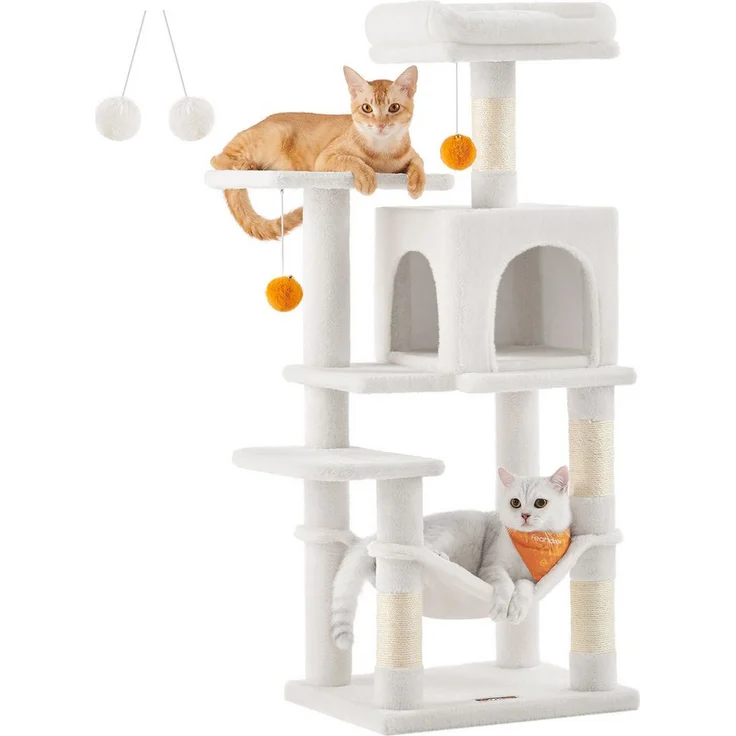 FEANDREA Kratzbaum, Katzenbaum mit Hängematte und 1 Höhle, 112 cm, stabiler, Beige/Rauchgrau/Hellgrau/Cremeweiß
