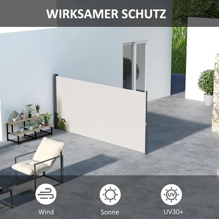 Outsunny Seitenmarkise Ausziehbar, 300 x 140cm Gartenmarkise, Sichtschutzwand mit UV-Schutz, Windschutz, Metall, für Terrasse, Balkon, Polyester, Hellgrau – Bild 3