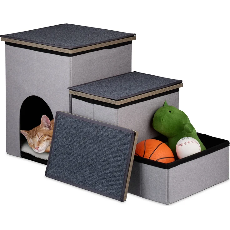 relaxdays Haustiertreppe Hundetreppe 3 Stufen mit Höhle - Ideal für kleine und ältere Tiere, Grau/Schwarz – Bild 1