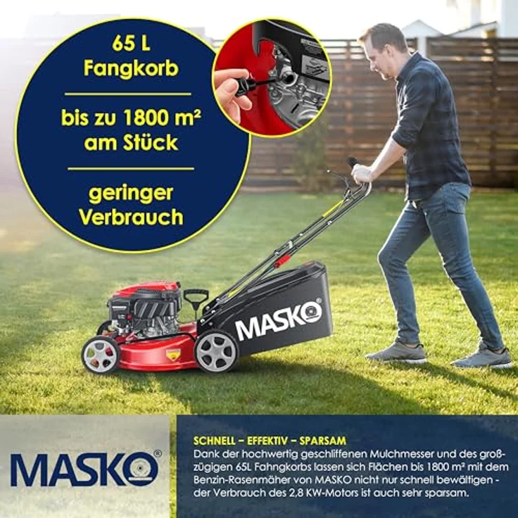 MASKO Benzin Rasenmäher 5in1 Radantrieb EasyClean Reinigungsfunktion Mulchfunktion Seitenauswurf hohe Schnittbreite 8-fache Schnitthöhenverstellung, 4 Takt Motor, inkl. Fangkorb Rot - Schwarz, Schnittbreite 51cm - Preisvergleich – Bild 6