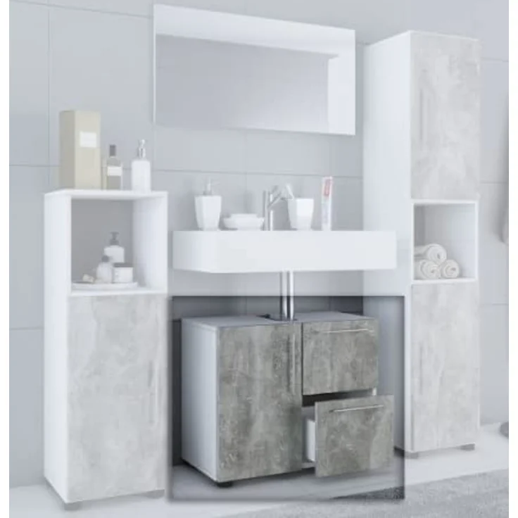 VCM Badmöbel Badunterschrank Waschbeckenunterschrank Badezimmer Flandu Schublade Weiß/Beton-Optik – Bild 2