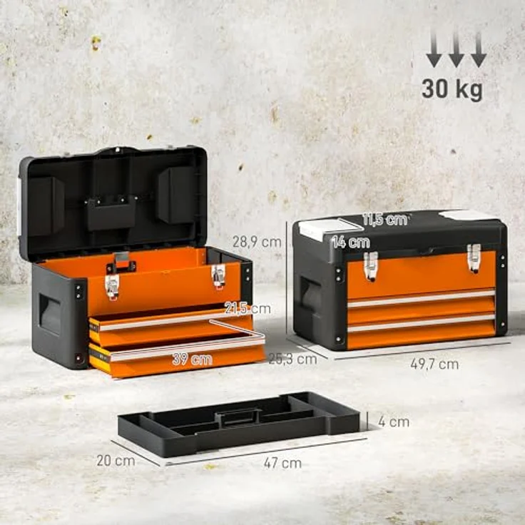 HOMCOM Werkzeugbox mit 2 Schubladen und Mini-Box, Stahl, orange, 49,7 x 25,3 x 28,9 cm, mit handlichem Tragegriff – Bild 6