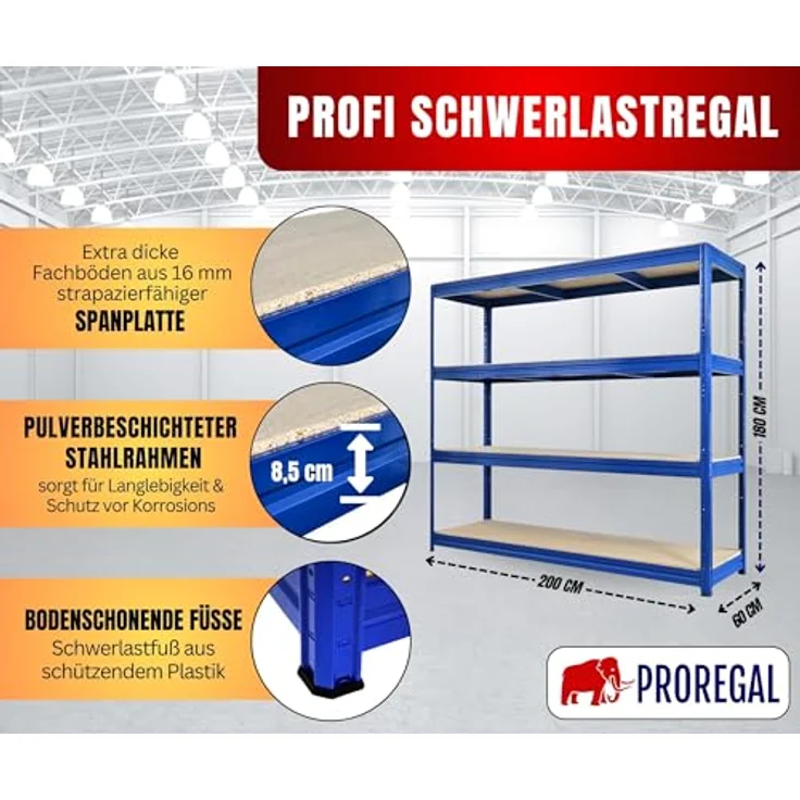 Proregal Schwerlastregal DINO, 180 x 200 x 60 cm, Traglast 500 kg pro Boden, 4 Böden, Blau – Bild 2