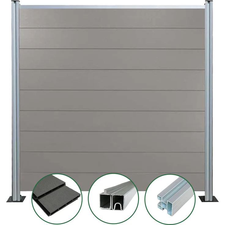 Woodstore24 WPC Sichtschutzzaun grau, Komplettset mit 6 Zaun-Elementen und 7 eloxierten Pfosten, 185 cm x 180 cm, wetterbeständig und pflegeleicht