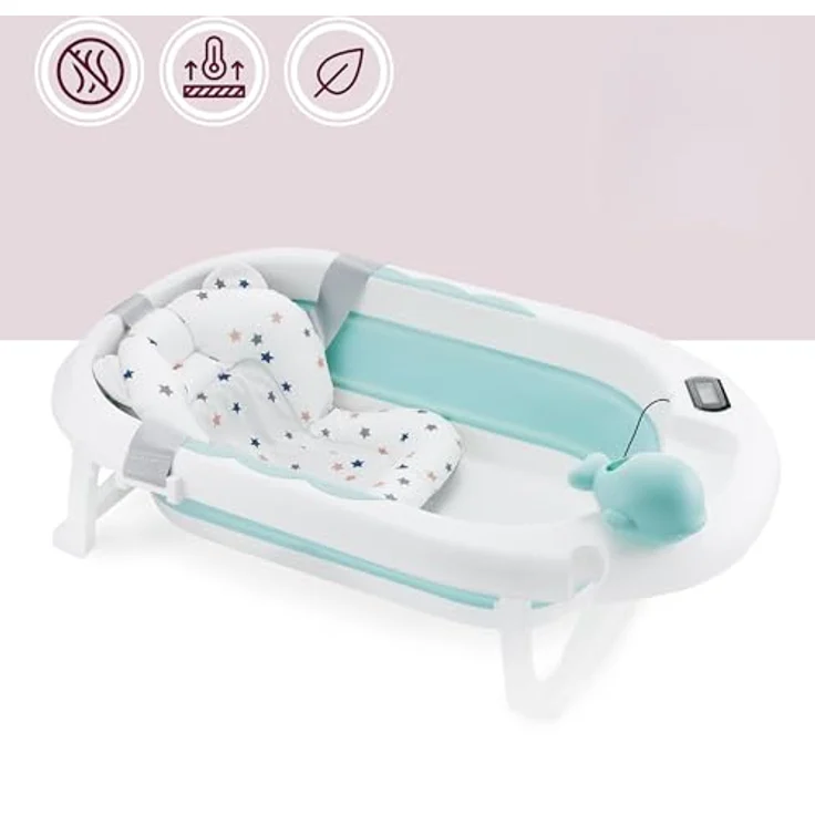 Moby-System Faltbare Babybadewanne mit Thermometer und Ständer, ergonomisch, mint – Bild 14