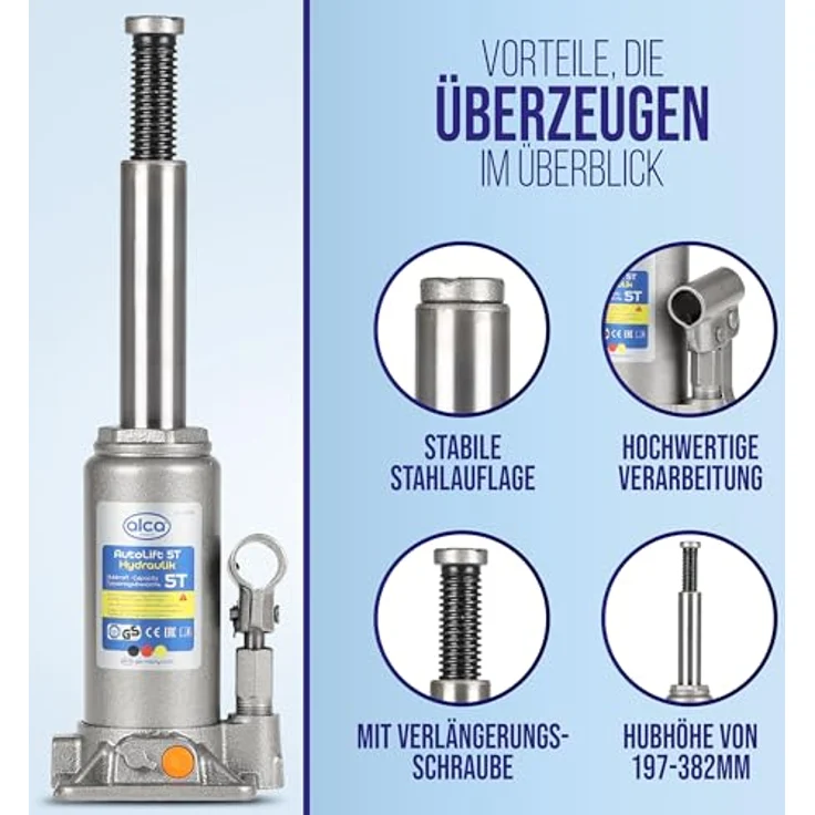 alca® Wagenheber Unterstellheber, hydraulischer Flaschenheber mit 5t Tragkraft, Hubhöhe 197 bis 382 mm, silber, inkl. Koffer – Bild 5