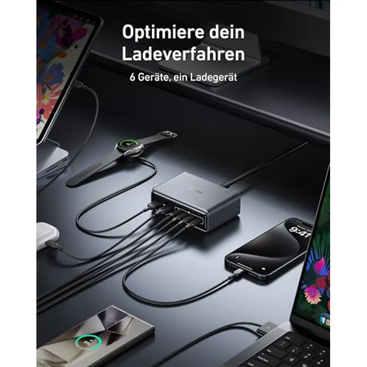 Anker Prime Ladegerät, 200W 6 Anschlüsse GaN Ladestation, USB-C PD Desktop Ladegerät mit Schnell-Laden, kompatibel mit iPhone, Samsung, MacBook, Dell - Schwarz – Bild 4