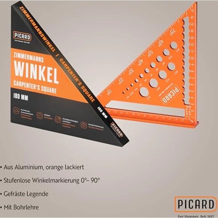 PICARD Zimmermannswinkel 180 mm, Präziser Anschlagwinkel mit Bohrlehre für exakte Anreiß- und Winkelmessungen, Profi Speed Square für Holz- und Möbelbau – Bild 3