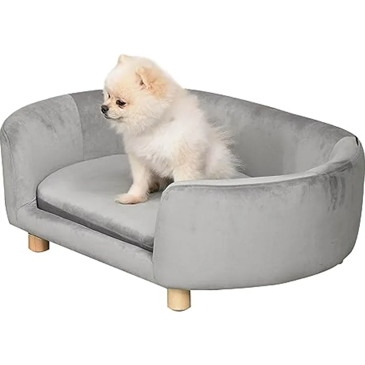 Pawhut Haustiersofa Hundesofa Hundebett mit Holländischer Samt Schaumstoff Birke Bein für Katzen Hunde 86 x 55 x 33 cm Hellgrau