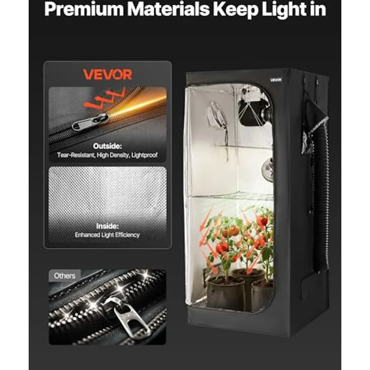 VEVOR Growzelt ORGTK8080180, 80x80x180 cm, Indoor-Pflanzenzelt mit 150 W Vollspektrum-LED-Zuchtlicht und Belüftungssystem, 600D hochreflektierendes Mylar, Gewächshaus für Blumen & Gemüse, Schwarz – Bild 7
