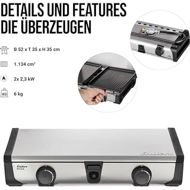 Enders Ryda 2Z GP, Gaskocher mit 2 flammigen Edelstahlbrennern, 2x2,3 kW, Zündsicherung, inkl. Grillplatte, Gasschlauch und Windschutz, kompakt für Camping, #1883 – Bild 3