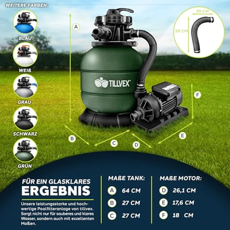 tillvex Sandfilteranlage 7.900L/h, Filteranlage mit 400g Filterbällen, Pumpe und 7-Wege Ventil für Pool und Schwimmbecken – Bild 6