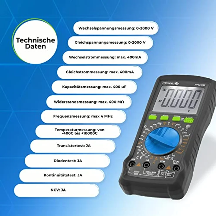 HÖGERT TECHNIK Digitales Multimeter mit NCV, 2000 V Spannungsmessung, Temperaturmessung bis 1000°C, Transistortest, 400 MΩ Widerstand, LCD 4000 für Elektro-, Kfz- und Serviceeinsatz – Bild 3
