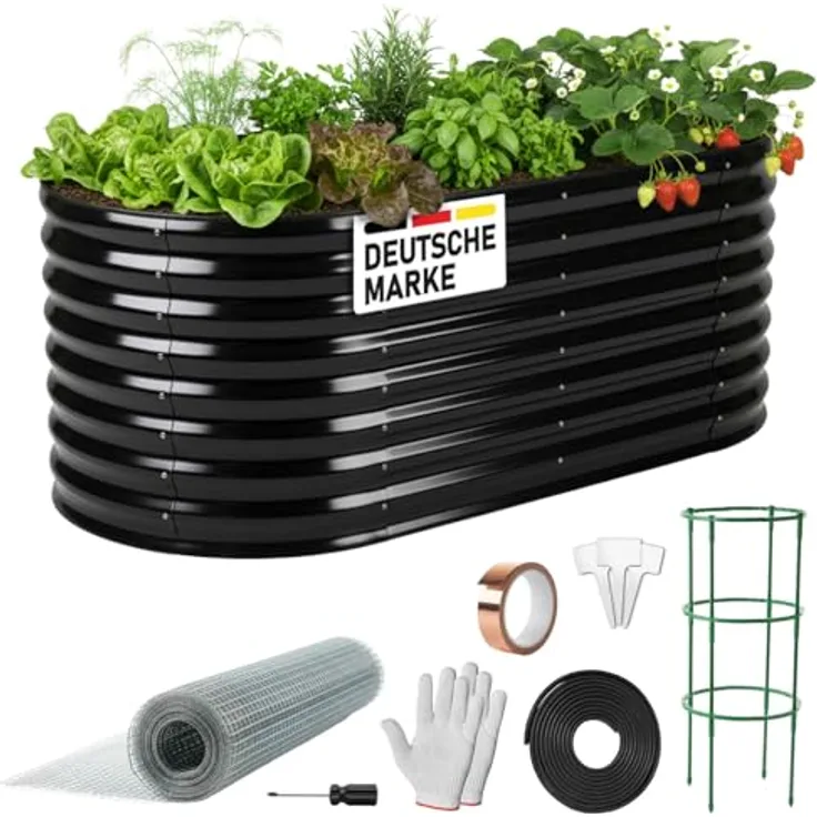 BRAST Hochbeet Metall Julia 160x80x80cm, verzinkt und rostfrei, wetterfest, ovale Form, inkl. umfangreichem Zubehör, Schwarz