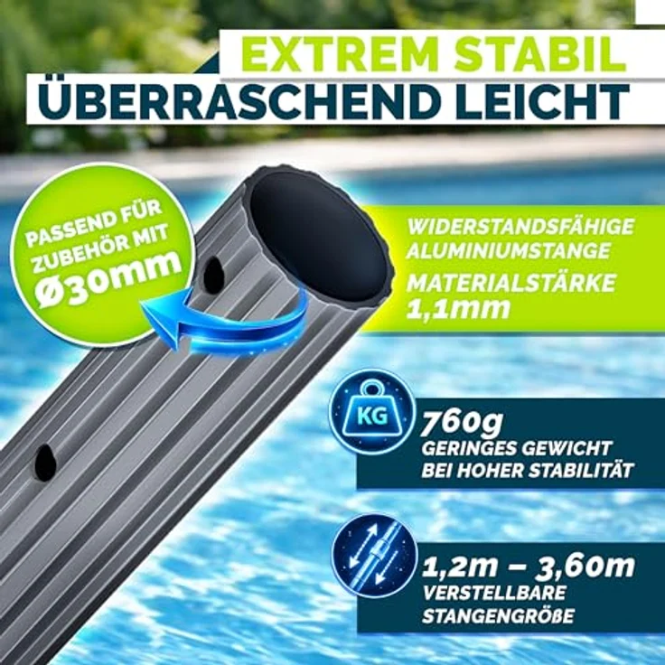 tillvex Pool Teleskopstange 1,20 - 3,60m, Aluminium Poolstange zur Reinigung mit 3-fach Teleskop und ergonomischem ABS-Griff – Bild 6