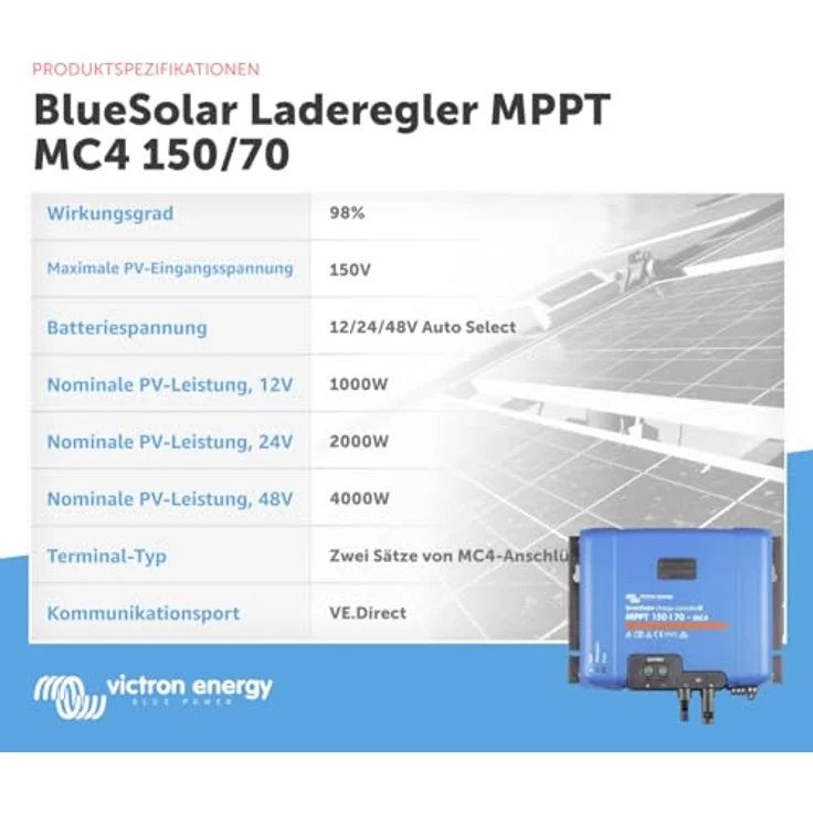 Victron Energy BlueSolar MPPT MC4 Solar Laderegler - 150V 70 Amp 12/24/36/48-Volt, Bluetooth-Funktion für Fernüberwachung – Bild 3