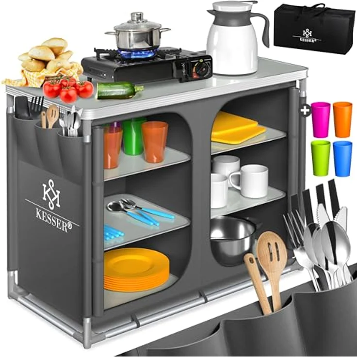 KESSER® Campingküche | Ink. Tragetasche | Campingschrank | mit Aluminiumgestell | Reiseküche | Küchenbox | Zeltschrank | Outdoor Camping Küche | Modelle wählbar Grau – Bild 1