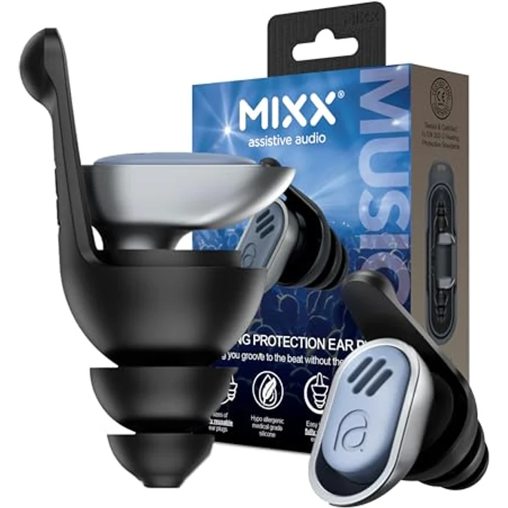 Mixx Assistive Audio Music Gehörschutz-Earplugs, 3 Größen, medizinisches Silikon, waschbar und wiederverwendbar, mit Reiseetui – Bild 1