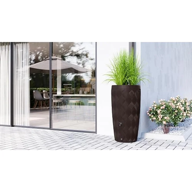 YourCasa Regentonne 240 Liter [Seabreeze] Frostsicher aus Kunststoff mit Wasserhahn - Regenwassertonne für Garten (Braun Mit Wasserhahn) – Bild 4