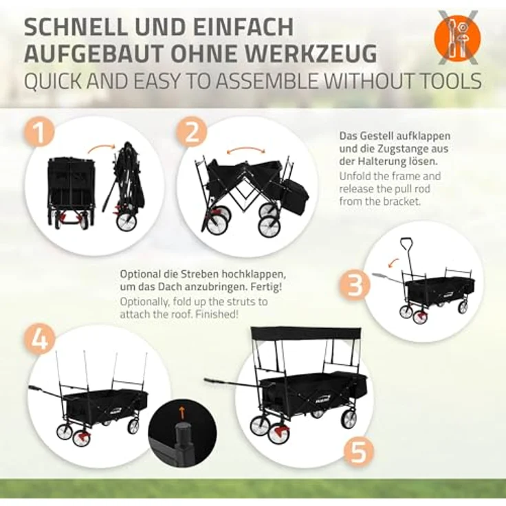 Hauki Bollerwagen L, faltbar mit abnehmbarem Dach, Schwarz, transportabel bis 80 kg, inkl. 2 Netztaschen, 1 Außentasche, Vorderrad-Bremse, 360° drehbare Reifen – Bild 4