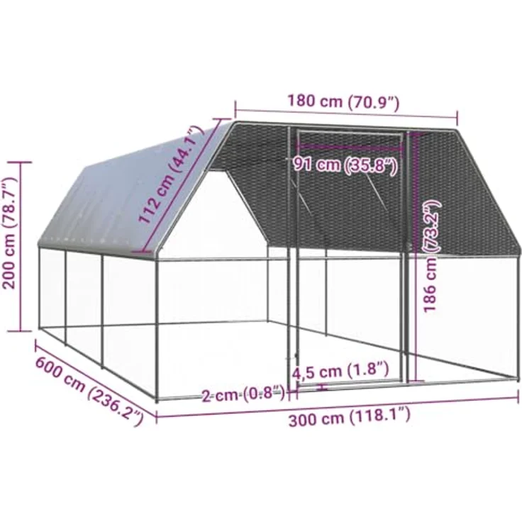vidaXL Hühnerstall, Outdoor-Hühnerkäfig 3x6x2 m aus verzinktem Stahl, wasserabweisendes Dach, Tür mit Schloss, silbern – Bild 5
