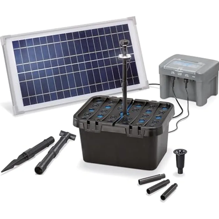 Esotec Solar Teichfilterset Profi 15/500 LED proBatt, Komplettset mit Pumpe, LiFePo4 Akku, Förderhöhe 1,1m, 500 l/h, geeignet für Teiche bis 1000L