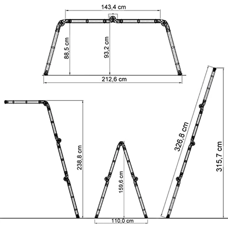 hjh OFFICE 801202 Mehrzweckleiter 12 Stufen mit 2 Gerüstplatten SOLID W3 Aluminium 345cm Gelenkleiter bis 150kg belastbar, Silber – Bild 3