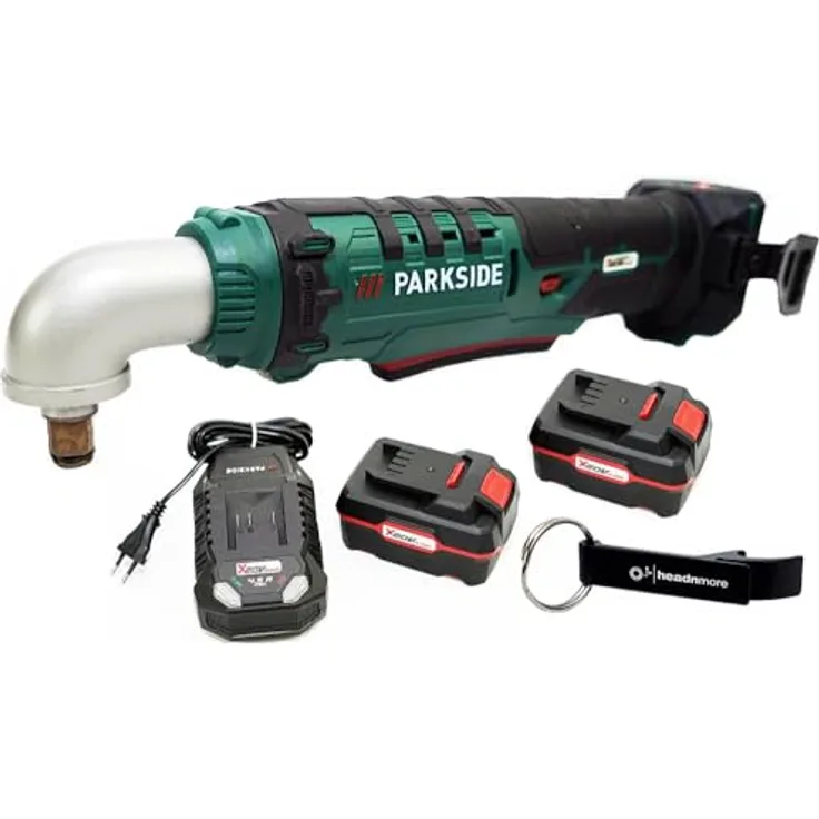 HEADNMORE® Bundle mit PARKSIDE® 20V 1/2 Zoll Akku Winkelschlagschrauber PAWS 20 A1 inkl. 2x4Ah Akku und HEADNMORE® Schlüsselanhänger, LED-Arbeitsleuchte, 76 Nm Drehmoment