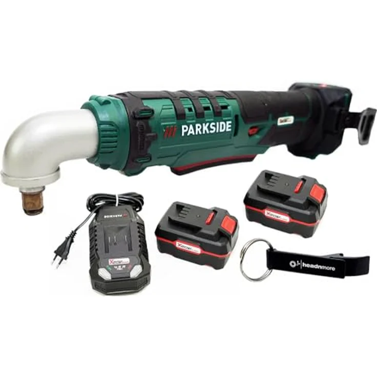 HEADNMORE® Bundle mit PARKSIDE® 20V 1/2 Zoll Akku Winkelschlagschrauber PAWS 20 A1 inkl. 2x4Ah Akku und HEADNMORE® Schlüsselanhänger, LED-Arbeitsleuchte, 76 Nm Drehmoment – Bild 1