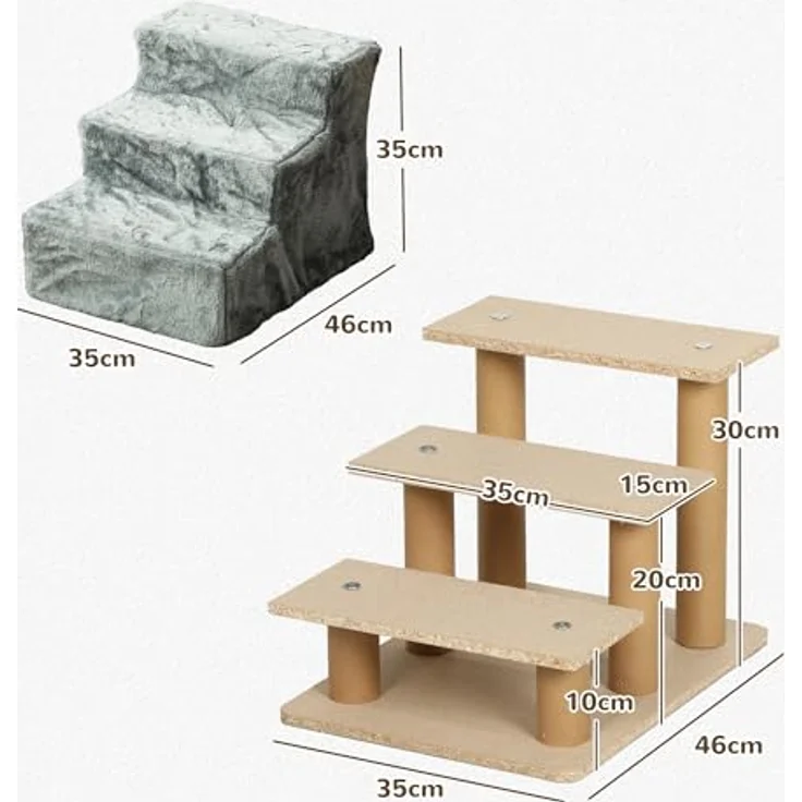 PawHut Hundetreppe 3-stufig, 35 cm Katzentreppe für Bett und Sofa, Haustiertreppe für Hunde und Katzen bis 5 kg, Plüschoptik, Hellgrau – Bild 5