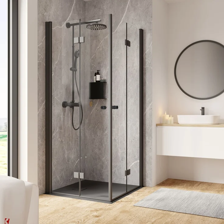 Schulte Eckeinstieg mit Drehfalttür 100 x 100 x 200 cm Garant 2.0 mattschwarz - Sicherheitsglas, fixil-Glasbeschichtung, mattschwarze Profiloptik