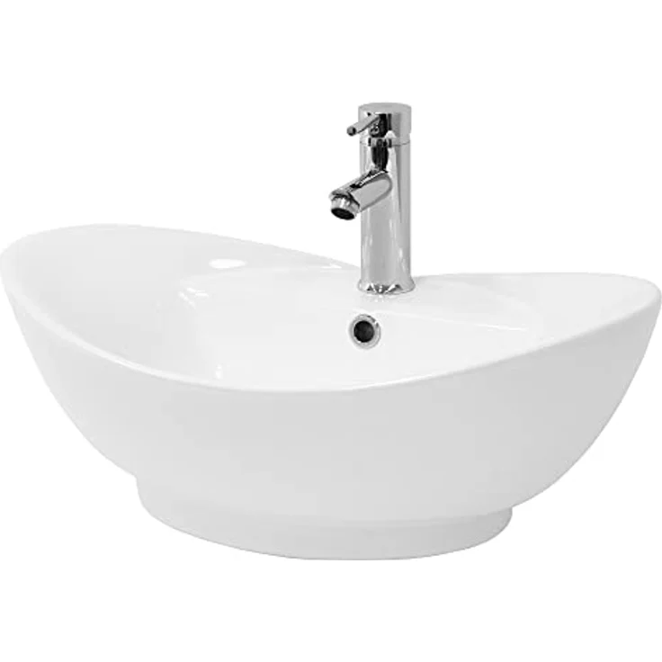 ML-Design Waschbecken aus Keramik Weiß glänzend 59x20,5x39,5 cm, Ovale Aufsatzwaschbecken, Moderne Waschtisch, Waschschale mit Abflussloch, Waschplatz Handwaschbecken, für das Badezimmer und Gäste-WC – Bild 1