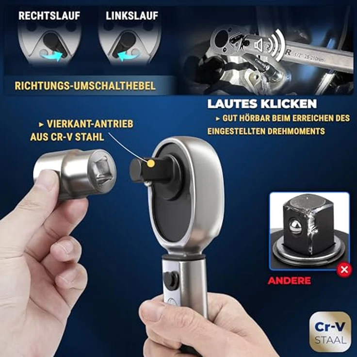 S&R Drehmomentschlüssel 475mm, 1/2", 28-210 Nm, aus Chrom-Vanadium, Umschaltbare Ratsche mit bruchfesten Nüssen, TÜV geprüft, Set mit Verlängerung und Stecknüssen (17, 19, 21 mm) – Bild 5