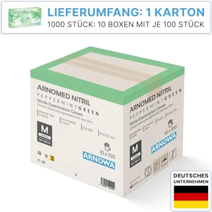 ARNOMED Nitril Einweghandschuhe, 1000 Stk (10x100), puderfrei, grün, Größe M, hautfreundlich, lebensmittelecht, latexfrei – Bild 2