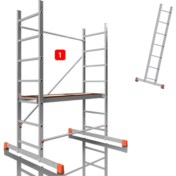ALTEC Aluminium Arbeitsgerüst ALTEC AluCombine® 3.0, Alu Standgerüst mit Traverse & Wandanker, maximale Arbeitshöhe 7 Meter, wetterfeste Holz-Siebdruckplatte, made in Germany