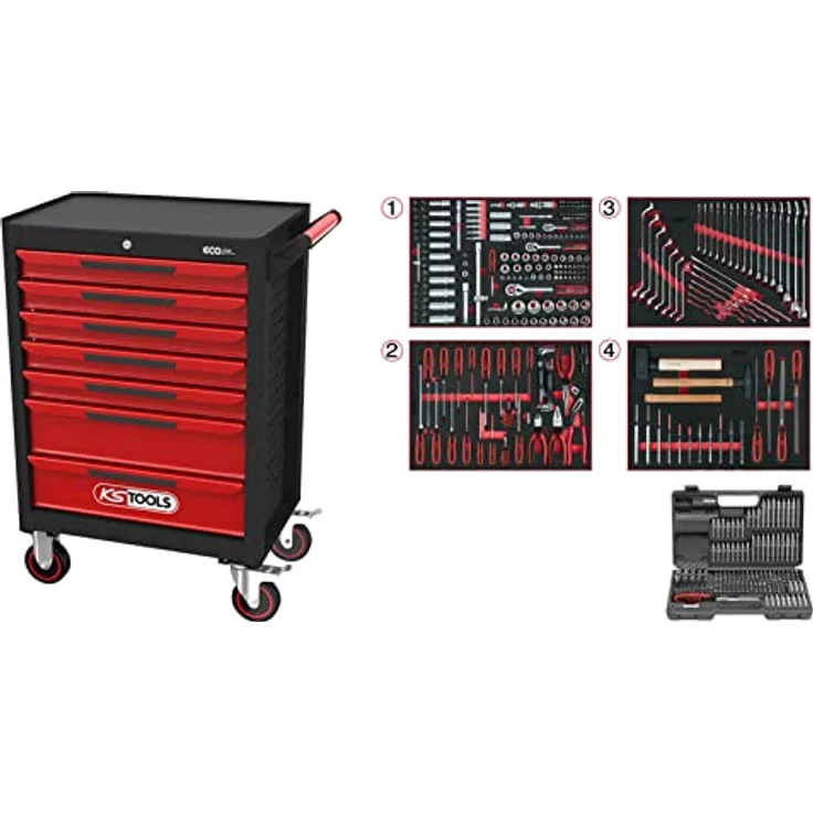 KS Tools ECOline Werkzeugwagen 897.7515, Werkstattwagen mit Zentralverriegelung, 100% Auszug, rutschfesten Gummieinlagen, Stahlblechkonstruktion, schwarz – Bild 1