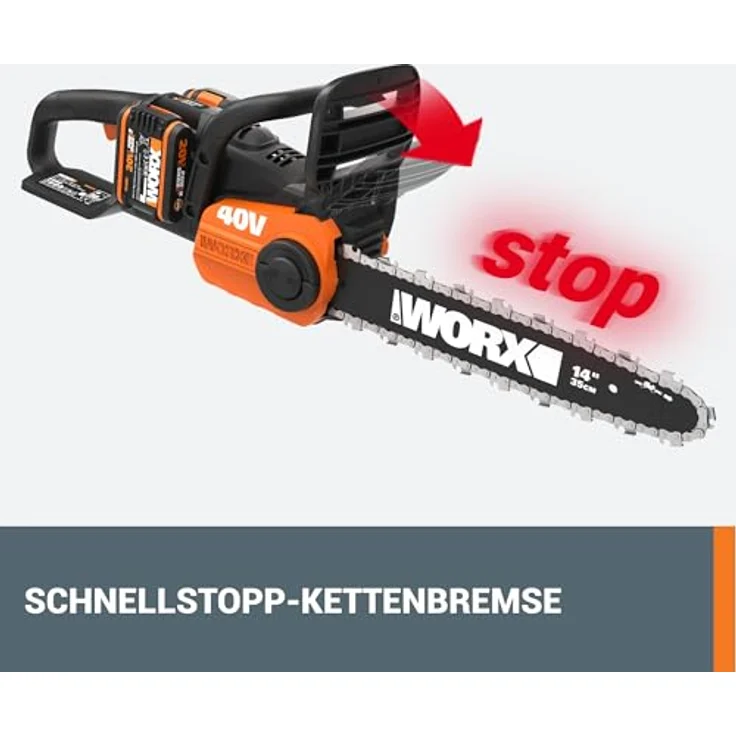 WORX 40V Akku Kettensäge WG384E, 2 x 2,0Ah, Powershare, Bürstenloser Motor, Werkzeugloses Kettenspannsystem, Schnellstopp-kettenbremse, Dual- ladegerät, 35cm Stablänge, 2 x 18V – Bild 7