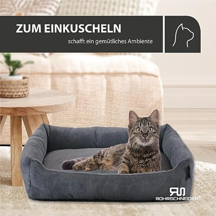 Rohrschneider Katzenbett Cordstoff mit Spielkugelset, langlebiger Cordstoff in 100% Polyester, Antirutschstoff, T49xB70xH15cm, blau – Bild 6