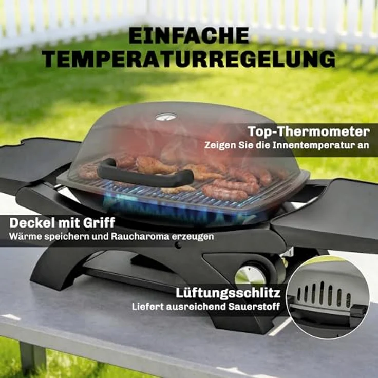 Outsunny Tragbarer Gasgrill 3,3 kW mit 1 Brenner, klappbaren Seitentischen, Gusseisen Grillrosten, herausnehmbarer Fettauffangschale und Thermometer, Tischgasgrill für Garten und Balkon – Bild 4