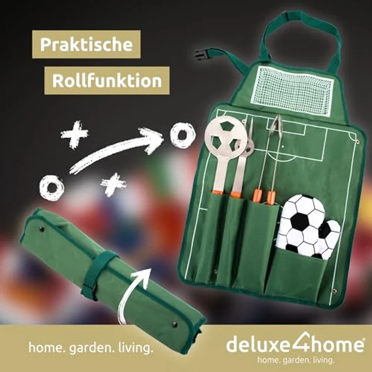 deluxe4home® Grillbesteckset im Fußball-Look, inkl. Grillzange, Grillwender, Grillgabel, Grillhandschuh und Grillschürze aus robustem 600D Polyester – Bild 4