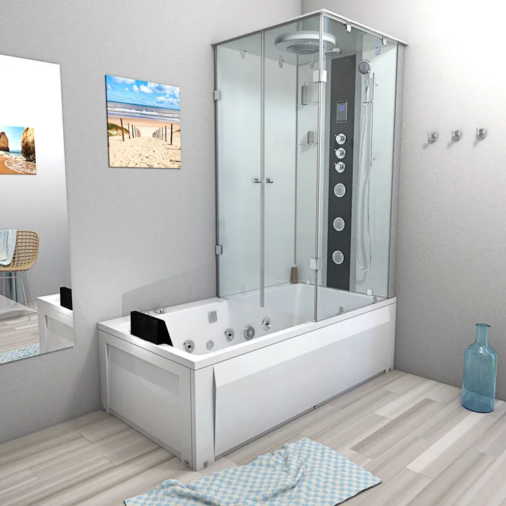 SeniorBad GmbH Whirlpool Dusche Kombination K05-L03-WP-EC Duschtempel 180x90 cm, 3in1 System, weiß, mit Thermostat-Mischarmatur, Regendusche und Handbrause