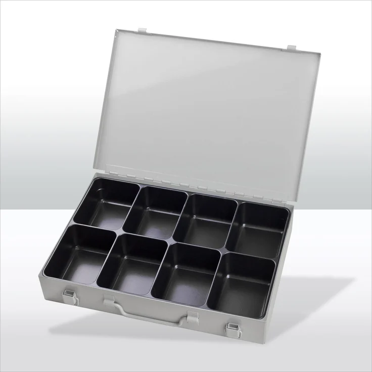 ADB Werkzeugkoffer, Stahlblechkasten mit 8 Fächern, pulverbeschichtet in RAL 7035, 33,5 x 24 x 5 cm, 1,2 kg