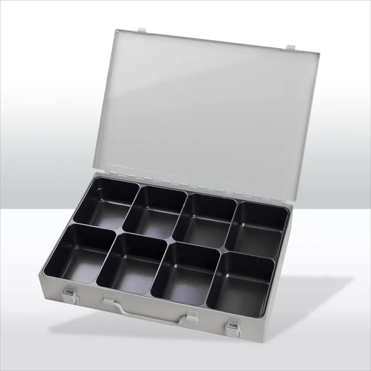 ADB Werkzeugkoffer, Stahlblechkasten mit 8 Fächern, pulverbeschichtet in RAL 7035, 33,5 x 24 x 5 cm, 1,2 kg