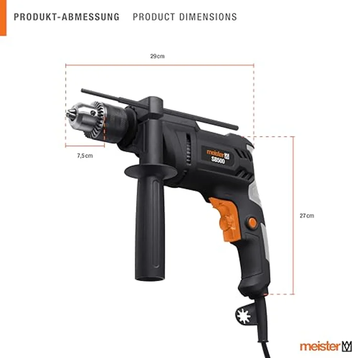 Meister Schlagbohrmaschine 500 W, SB500 - mit Zahnkranzbohrfutter, Drehzahl-Vorwahl, Zusatzhandgriff & Tiefenanschlag - für Beton & Metall, in Blau - 5452010 – Bild 2