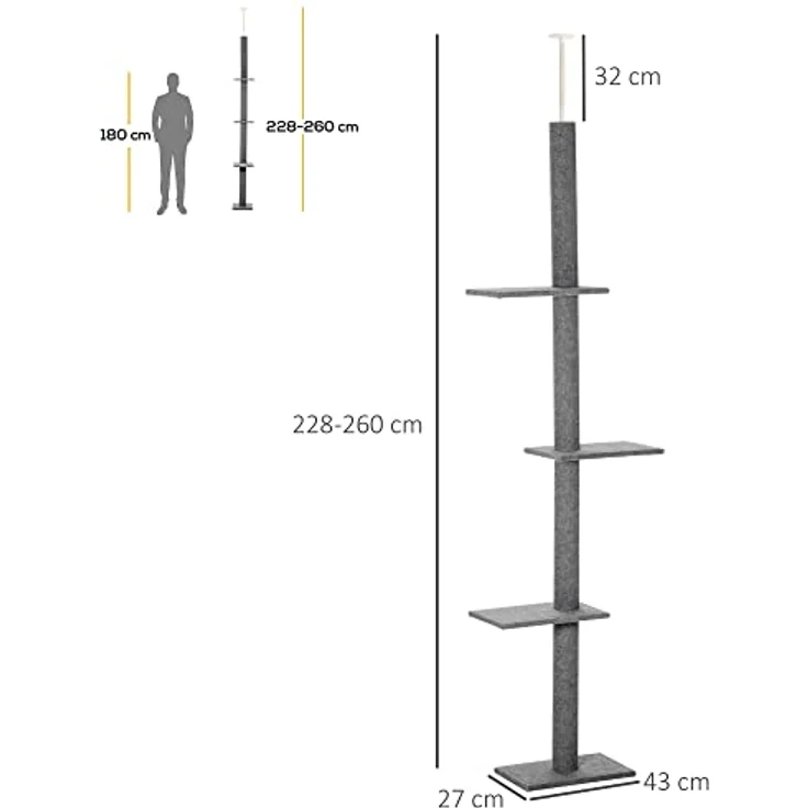 PawHut Kratzbaum Deckenhoch, 228-260 cm Höhenverstellbarer Katzenbaum Kletterbaum für Katzen mit 3 Ebenen, Katzenkratzbaum, Spielbaum vom Boden bis zur Decke Grau – Bild 3