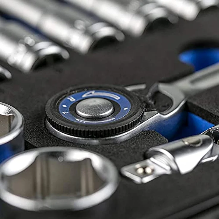 Högert Werkzeugbox Steckschlüssel-Satz Ratschenkoffer Knarrenkasten, Chrom-Vanadium-Stahl, 3/8" Zollmaß, 36-teiliges Set – Bild 4