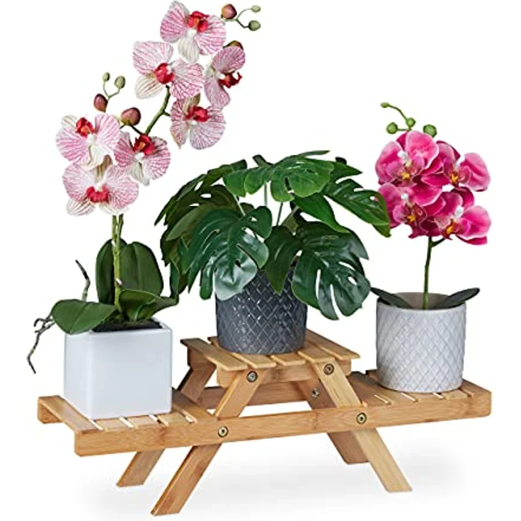 Relaxdays Blumentreppe, mit 3 Ablagen, für die Fensterbank, aus Bambus, Pflanzenregal, HBT: 17 x 51,5 x 15 cm, Natur, 100% – Bild 1