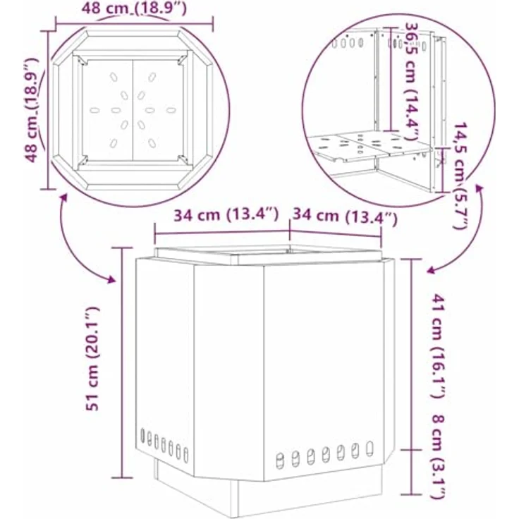 vidaXL Rauchfreier Feuerkorb, 48 x 48 x 51 cm, wetterfest aus Stahl, moderner Garten- und Terrassenheizer, braun, für gesellige Abende – Bild 3
